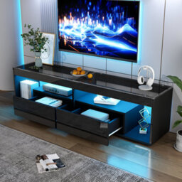 "Abrihome Black High Gloss Tv Stand With Led Lights & 2 Drawers - 180X40X46Cm, Glass Tabletop, Open Storage For Tvs Up To 80""" - thumbnail 4
