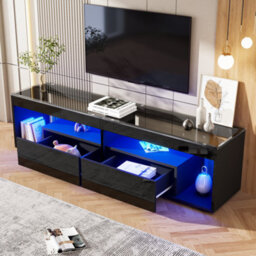 "Abrihome Black High Gloss Tv Stand With Led Lights & 2 Drawers - 180X40X46Cm, Glass Tabletop, Open Storage For Tvs Up To 80"""