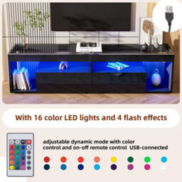 "Abrihome Black High Gloss Tv Stand With Led Lights & 2 Drawers - 180X40X46Cm, Glass Tabletop, Open Storage For Tvs Up To 80""" - thumbnail 8