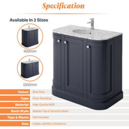 Plum&clay Fairmont Traditional Curved Blue Grey Floor Standing Vanity Unit With Ceramic Basin & Marble Top (W)900mm - thumbnail 4