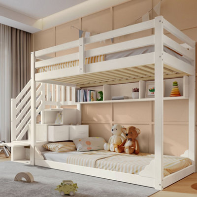 Merax Bunk Bed 90 X 190 Cm, Wooden Kids Bed With Staircase Storage, Shelves & 2 Drawers, Children's Bed, White - image 1