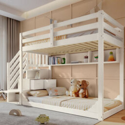 Merax Bunk Bed 90 X 190 Cm, Wooden Kids Bed With Staircase Storage, Shelves & 2 Drawers, Children's Bed, White - thumbnail 1