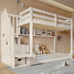 Merax Bunk Bed 90 X 190 Cm, Wooden Kids Bed With Staircase Storage, Shelves & 2 Drawers, Children's Bed, White - thumbnail 3