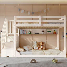 Merax Bunk Bed 90 X 190 Cm, Wooden Kids Bed With Staircase Storage, Shelves & 2 Drawers, Children's Bed, White - thumbnail 2