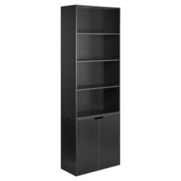 6 Tier Black Bookcase With 2 Door Cupboard Cabinet Storage Shelving Display Wood Shelf