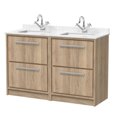 Hudson Reed Lille Floor Standing Four Drawer Contemporary Vanity Unit With Marble Top & Double Basin In Bleached Oak, 1220 X 470mm - image 1