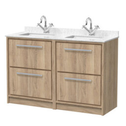 Hudson Reed Lille Floor Standing Four Drawer Contemporary Vanity Unit With Marble Top & Double Basin In Bleached Oak, 1220 X 470mm - thumbnail 2