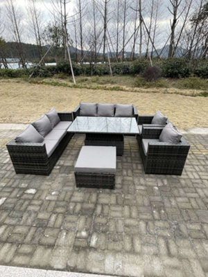 Fimous 9 Seater Outdoor Rattan Garden Furniture Set Adjustable Rising Lifting Dining Table With Chairs Footstool Dark Grey Mixed - image 1