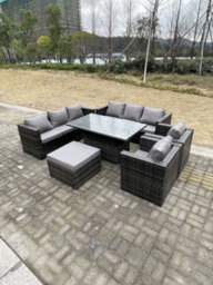 Fimous 9 Seater Outdoor Rattan Garden Furniture Set Adjustable Rising Lifting Dining Table With Chairs Footstool Dark Grey Mixed - thumbnail 2