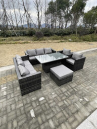 Fimous 9 Seater Outdoor Rattan Garden Furniture Set Adjustable Rising Lifting Dining Table With Chairs Footstool Dark Grey Mixed - thumbnail 3
