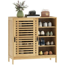 Homcom Bamboo Shoe Cabinet With 2 Sliding Slat Doors, 16 Pairs, Natural - thumbnail 2