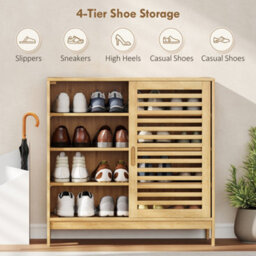 Homcom Bamboo Shoe Cabinet With 2 Sliding Slat Doors, 16 Pairs, Natural - thumbnail 4