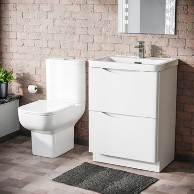 Nes Home 600mm 2 Drawer Vanity Basin Unit & Close Coupled Toilet White - image 1