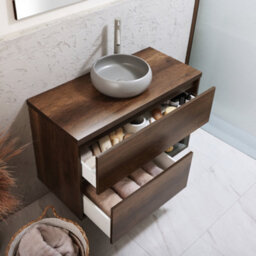 Homestylestore Dark Oak 1000mm Led Lit Wall Hung Bathroom Vanity Unit With Round Pebble Countertop Basin - thumbnail 2