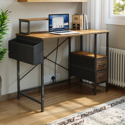 Living And Home Modern Rustic Brown And Black Office Desk With Charging Station & Monitor Stand - image 1