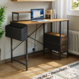 Living And Home Modern Rustic Brown And Black Office Desk With Charging Station & Monitor Stand - thumbnail 1