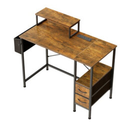 Living And Home Modern Rustic Brown And Black Office Desk With Charging Station & Monitor Stand - thumbnail 5