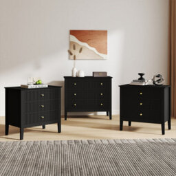 Melody Maison Wide 3 Drawer Chest Of Drawers And Pair Of Large Bedside Tables - Hales Black Range - thumbnail 2
