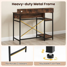 Costway Computer Desk With Power Outlets Home Office Desk With Top Shelf-Rustic Brown - thumbnail 9