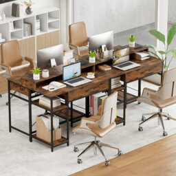 Costway Computer Desk With Power Outlets Home Office Desk With Top Shelf-Rustic Brown - thumbnail 5