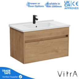 Vitra 800mm Wall Hung Bathroom Vanity Unit With 1 Drawer & Basin - Golden Oak Includes Black Tap