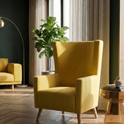 Wyld And Coco Luxenest Wingback Chair Yellow Velvet High Back With Slanted Rubberwood Legs - thumbnail 2