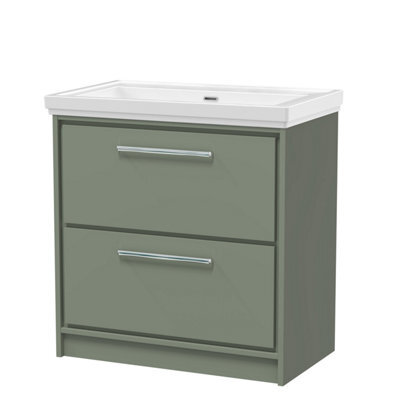 Balterley Longnor Modern Floor Standing 2-Drawer Bathroom Vanity With Fireclay Basin, Fern Green, 800mm - image 1