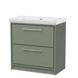 Balterley Longnor Modern Floor Standing 2-Drawer Bathroom Vanity With Fireclay Basin, Fern Green, 800mm - thumbnail 1