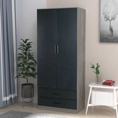 Urbnliving 180Cm Tall 2 Door Wardrobe Ash Grey Carcass And Black Drawers With 2 Drawers Bedroom Storage Hanging Bar Clothes - image 1