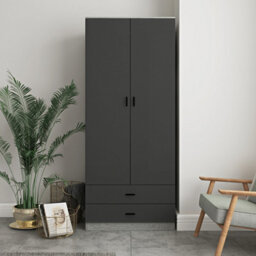 Urbnliving 180Cm Tall 2 Door Wardrobe Ash Grey Carcass And Black Drawers With 2 Drawers Bedroom Storage Hanging Bar Clothes - thumbnail 3