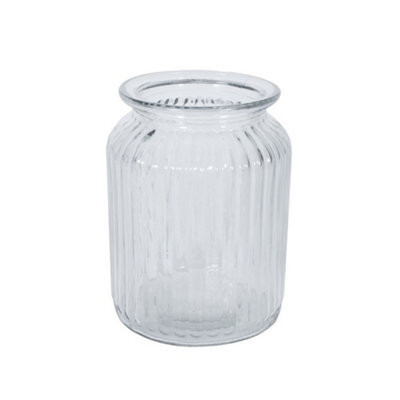Clear Ribbed Glass Jar Vase, Ideal For Small Bouquets. Height 14.5 Cm