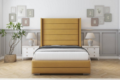 "Sloomy Sterling Mustard Plush Bed Frame With Mattress With 50""  Upholstered Wingback Headboard 6' Super King" - image 1
