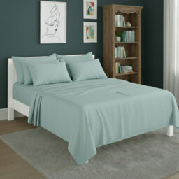 Plain Poly Cotton Easy Care Fitted Flat Sheet Matching Pillowcases Set Duck Egg Blue - thumbnail 1