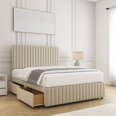 Bsspoke Emma Divan Bed Set Cream Velvet 24Inch Panel Headboard & Footboard & 2 Drawers Same Side & Mattress In All Sizes - image 1