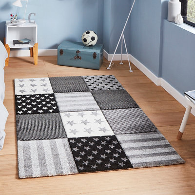 eXtreme Kids Grey Checked Rug, Easy To Clean 80 X 150Cm