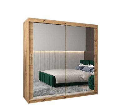 Arte Tokyo 03 Contemporary Mirrored 2 Sliding Door Wardrobe 9 Shelves 2 Rails Oak Artisan Effect (H)2000mm (W)2000mm (D)620mm - image 1