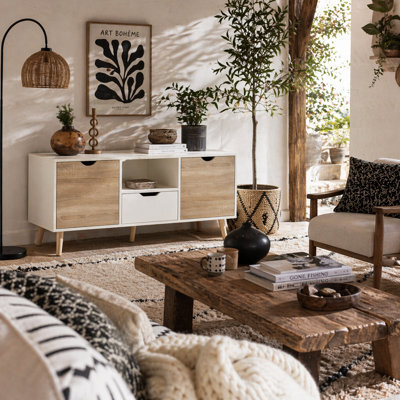Wyld Haus Reneba 110Cm Wooden Tv Console Natural And White, Storage Drawers And Cupboards, Fits Up To 50 Inch Tvs - image 1
