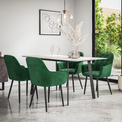 More4Homes Haydon Extending Dining Table + Chairs- White Marble Effect Table Top W Black Legs + Anika Velvet Dining Chair Set Of 4 (Green) - image 1