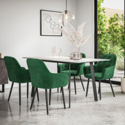 More4Homes Haydon Extending Dining Table + Chairs- White Marble Effect Table Top W Black Legs + Anika Velvet Dining Chair Set Of 4 (Green)