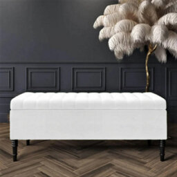 180Cm Paris Striped Ottoman Storage Bench- Plush Velvet Shoe Bench - White Upholstery Footstool With Storage
