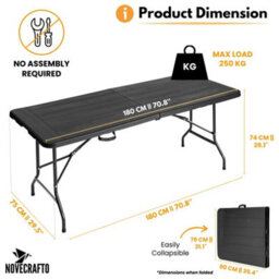 Novecrafto 6Ft Folding Table - Portable Black Plastic Trestle Table 180X75Cm With Steel Frame, Easy To Fold & Store, For Indoor & Outdoor Use - thumbnail 4