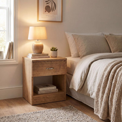Fwstyle Promo Bedside Table Chest Of Drawers Oak Nightstand 1 Drawer Open Storage (H) 47 (W) 40 (D) 36Cm - image 1