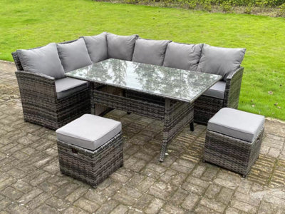 Fimous High Back Dark Mixed Grey Rattan Corner Sofa Set Outdoor Furniture Rectangular Dining Table 2 Small Footstools 8 Seater - image 1