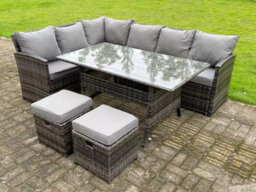 Fimous High Back Dark Mixed Grey Rattan Corner Sofa Set Outdoor Furniture Rectangular Dining Table 2 Small Footstools 8 Seater - thumbnail 2