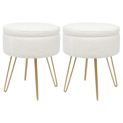 Harbour Housewares 2X Boucle Storage Footstools - Round Modern Dressing Table Footstool Vanity Seat Chairs - 46 X 37Cm Gold Legs - image 1