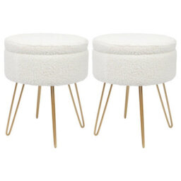 Harbour Housewares 2X Boucle Storage Footstools - Round Modern Dressing Table Footstool Vanity Seat Chairs - 46 X 37Cm Gold Legs