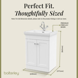 Balterley Swynnerton Traditional Bathroom Floor Standing 2-Door Vanity Unit & Fireclay Basin, Satin White, 600mm - thumbnail 5