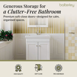 Balterley Swynnerton Traditional Bathroom Floor Standing 2-Door Vanity Unit & Fireclay Basin, Satin White, 600mm - thumbnail 3