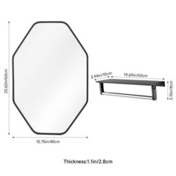 Living And Home Black Octagon Aluminium Alloy Bathroom Mirror Hd Glass With Towel Bar Wall Vanity Mirror 40X60Cm - thumbnail 9