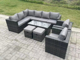 Fimous 10 Seater Rattan Corner Sofa Lounge Sofa Set With Rectangular Coffee Table 2 Stool Dark Grey Mixed Left Hand - thumbnail 2